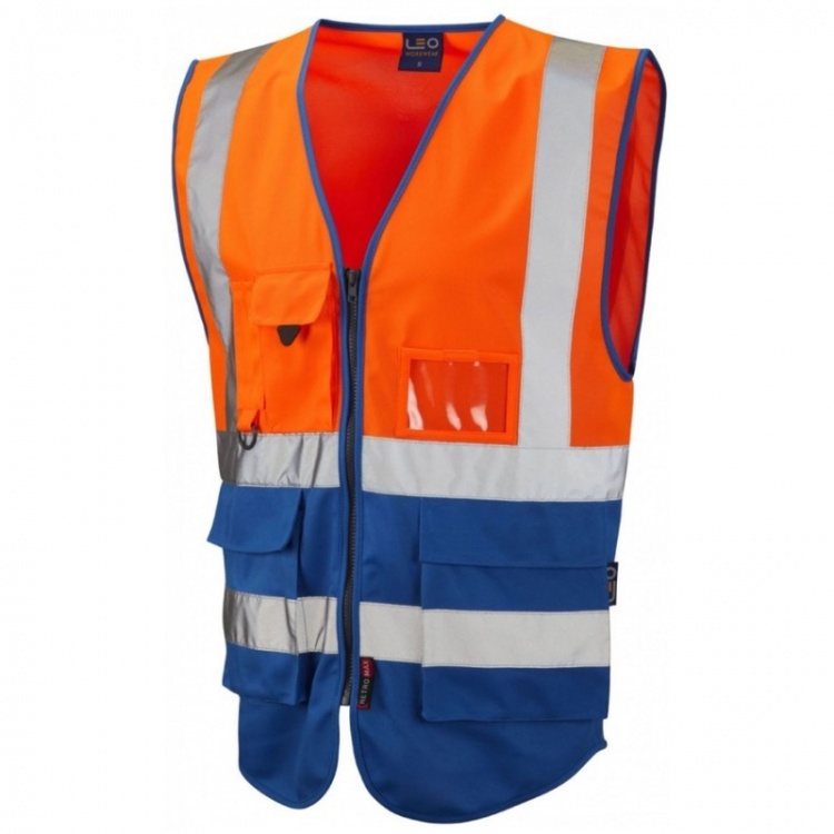 Leo Workwear W11-O/RO Lynton Hi Vis Superior Vest Orange / Royal Blue ...